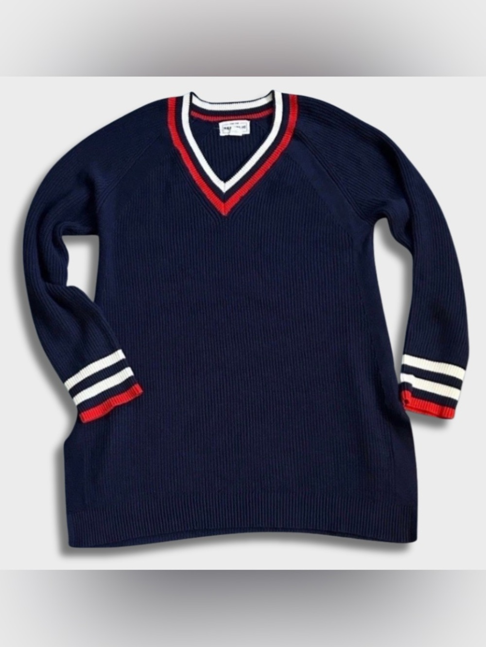 For The Republic Womens Medium V-Neck Sweater Navy Striped Varsity Preppy NEW